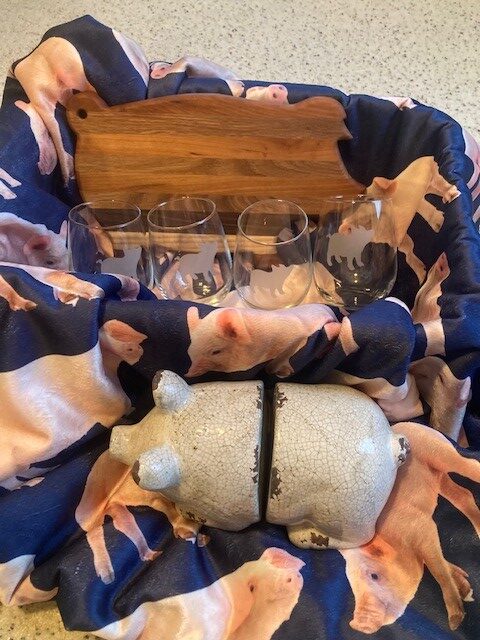 Pig Basket including bookends, cutting board, glasses and pig blanket